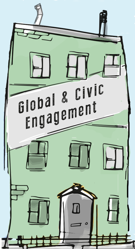 Cartoon house with 'Global and civic engagement' written on the front.